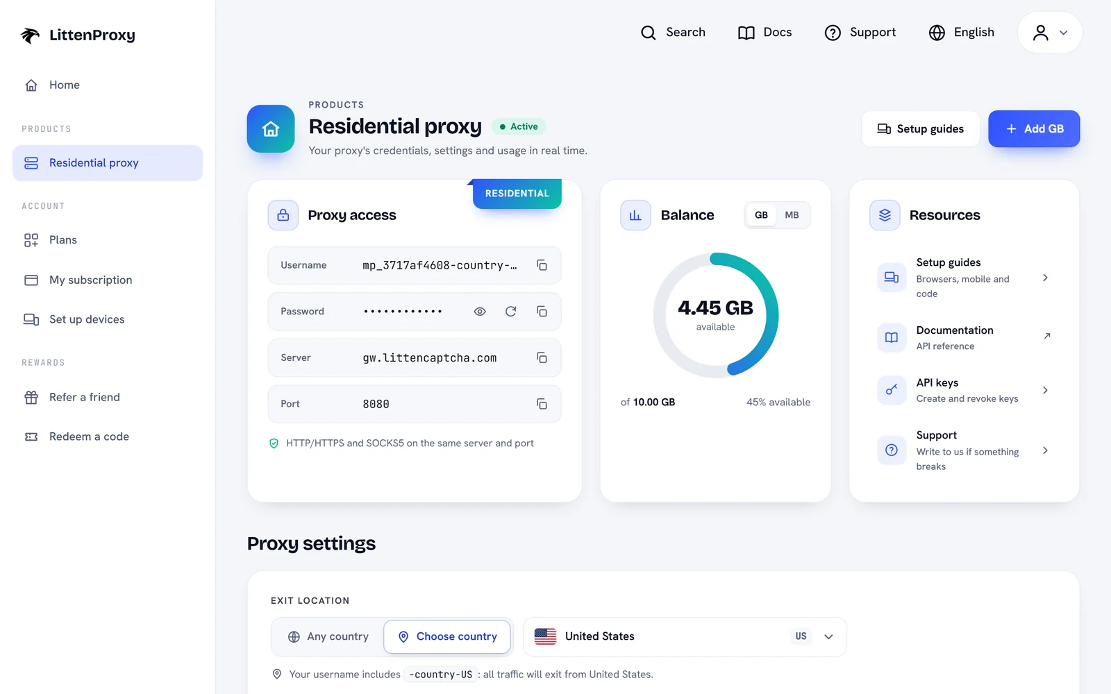 Your proxy credentials, balance and country in the dashboard